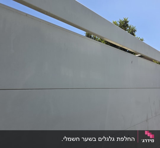 שער חשמלי לבן עם שמיים כחולים ועצים ברקע